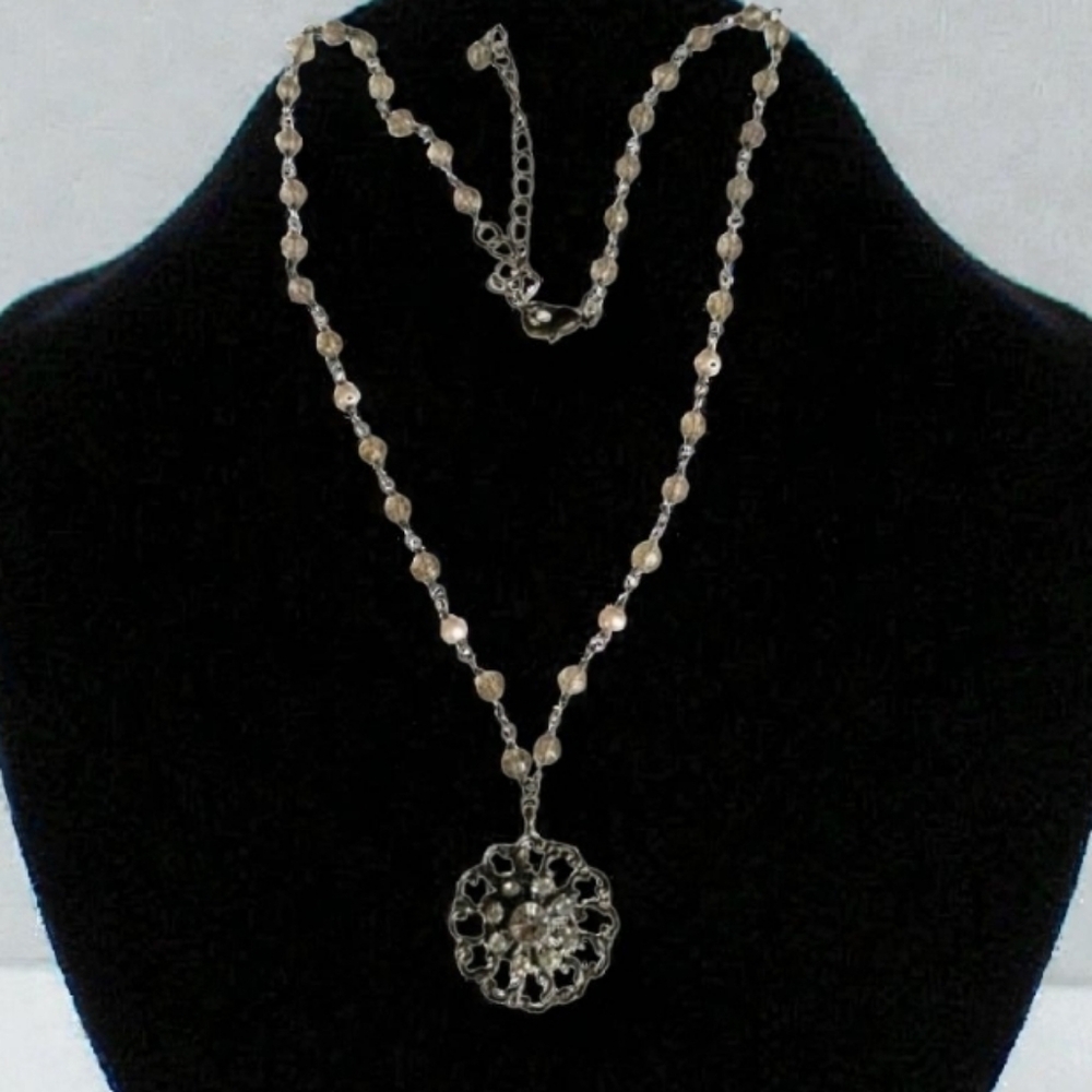 VTG Dainty Rhinestone Faux Pearl Gun Metal Victorian Revival Pendant Necklace